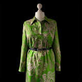 Retro 1970s Apple Green Paisley Shirt Dress with long sleeves in size 16 at hurdyburdy vintage clothing and jewellery shop