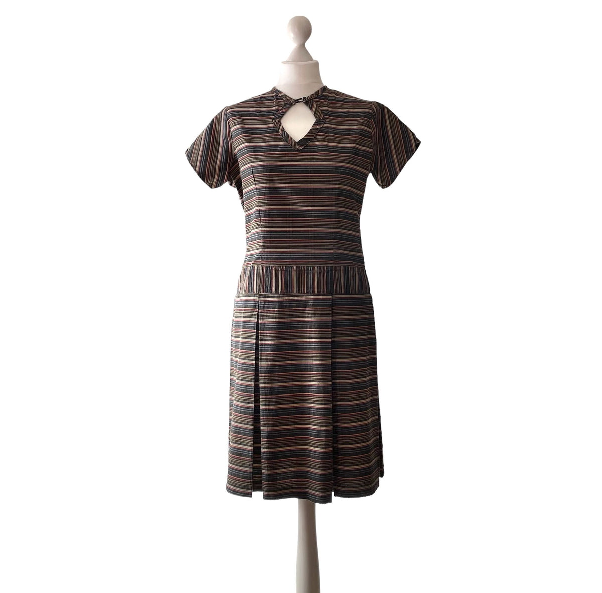 1960s Vintage Blue and Brown Stripe Day Dress With Box Pleat Skirt hurdyburdy vintage 1960s Vintage Blue and Brown Stripe Day Dress With Box Pleat Skirt hurdyburdy vintage