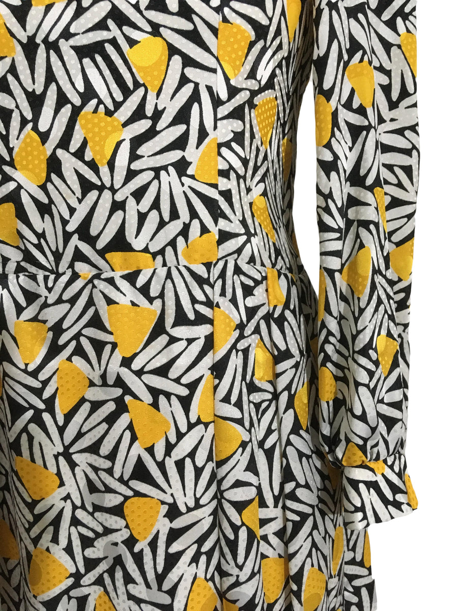 yellow and black midi dress Yellow Abstract Print Midi Dress – hurdyburdy vintage