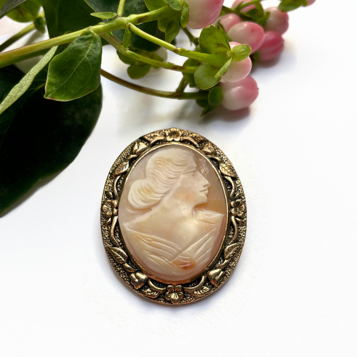 1960's Carved Shell Cameo Brooch or Pendant of a Woman in Profile