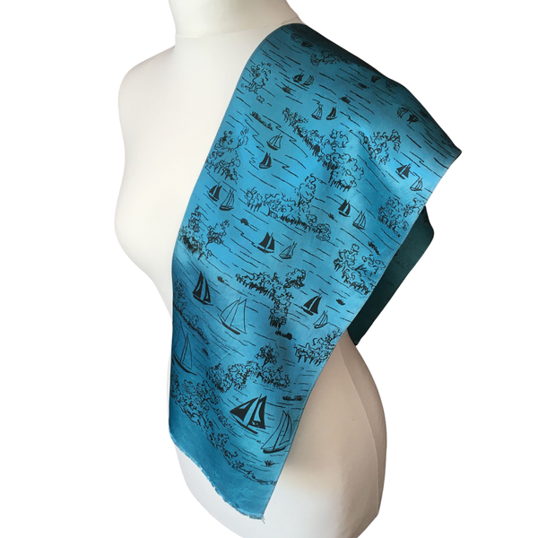 1930s-vintage-blue-satin-scarf-with-boats-on-white-mannequin