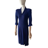 Original 1940s Blue Crepe Dress with Bib Yoke & Shoulder Pads