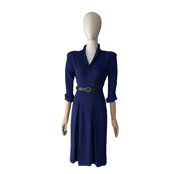 Original 1940s Blue Crepe Dress with Bib Yoke & Shoulder Pads