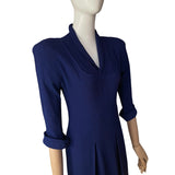 Original 1940s Blue Crepe Dress with Bib Yoke & Shoulder Pads