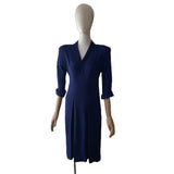 Original 1940s Blue Crepe Dress with Bib Yoke & Shoulder Pads