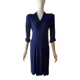 Original 1940s Blue Crepe Dress with Bib Yoke & Shoulder Pads