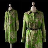 Retro 1970s Apple Green Paisley Shirt Dress with long sleeves in size 16 at hurdyburdy vintage clothing and jewellery shop