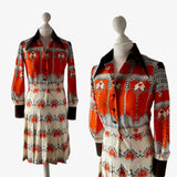 Swiss Made 1970s brown and orange Art Deco Print Shirt Dress at hurdyburdy vintage