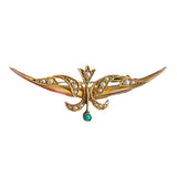 antique 9ct Gold brooch with pearls and a turquoise stone on a white background