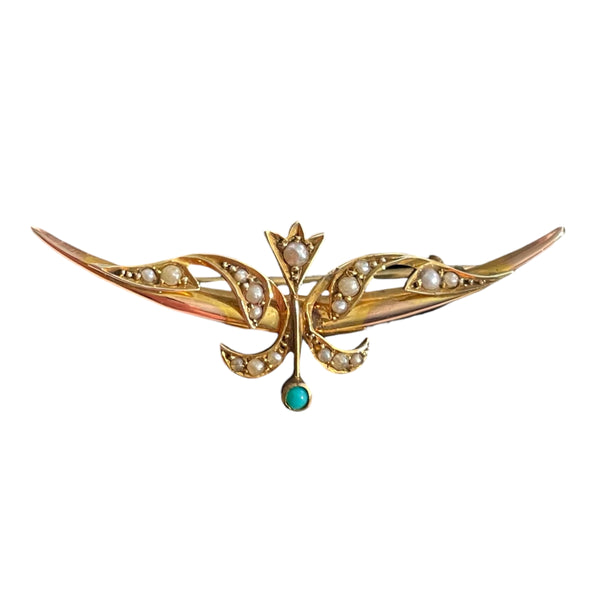 antique 9ct Gold brooch with pearls and a turquoise stone on a white background