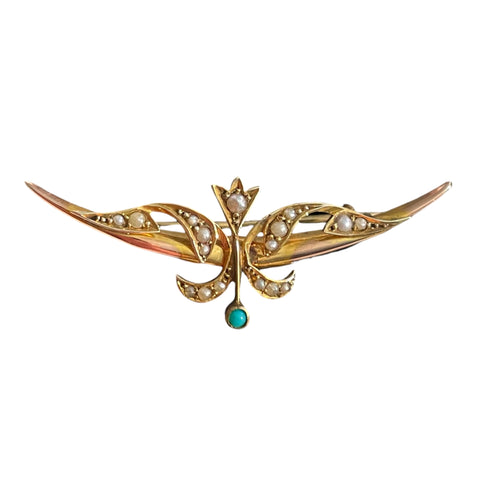 antique 9ct Gold brooch with pearls and a turquoise stone on a white background