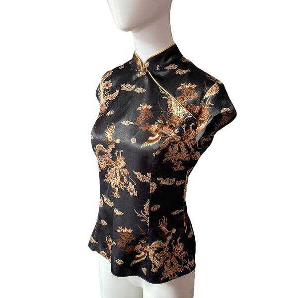 1990s Mandarin Collar Top with Chinese Dragon Print