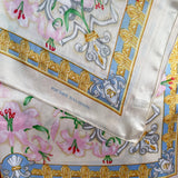 Floral Pierre Balmain vintage satin scarf with decorative border and pink lily print 