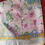 Floral Pierre Balmain vintage satin scarf with decorative border and pink lily print 