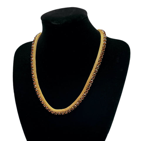 1960s Autumn Gold Mesh Rhinestone Necklace