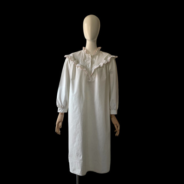 Vintage White Cotton Nightdress with Pink Ruffles