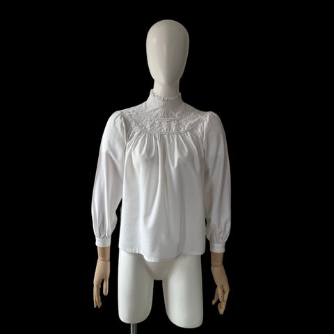 1980s Miss Selfridge White Beaded Edwardian Style Blouse