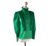 1960s Green Ruffle Blouse by Arthur Linney with ruffle front and high neck and deep button cuffs at hurdyburdy vintage clothing shop