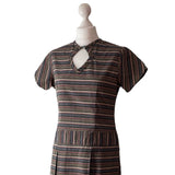 1960s Brown Stripe Day Dress with short sleeves a box pleat skirt at hurdyburdy vintage clothing shop
