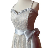 1970s Ice Blue Satin and Lace Party Dress with satin sash, shoestring straps and boned bodice at hurdyburdy vintage shop