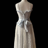 1970s Ice Blue Satin and Lace Party Dress with satin sash, shoestring straps and boned bodice at hurdyburdy vintage shop