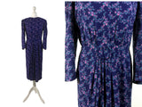 1980s Purple Floral Print Dress