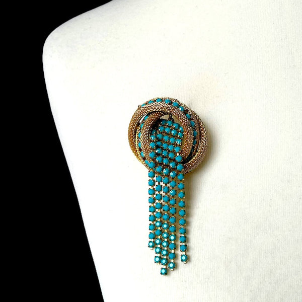 1960s Turquoise & Gold Mesh Waterfall Brooch