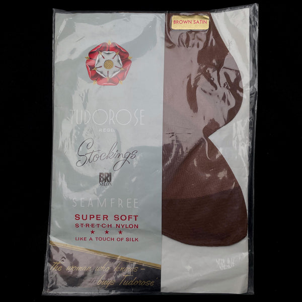 Packaged brown satin stocking with Tudorose branding on a black background