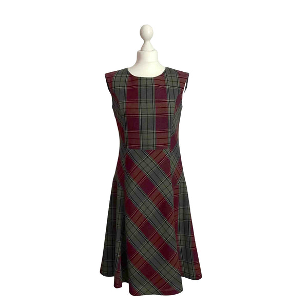 Plaid vintage 90s Laura Ashley dress on a mannequin against a white background