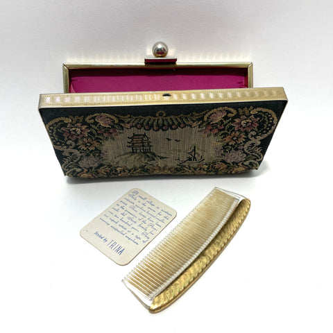 vintage-1950s-needlepoint-clutch-bag-with-shocking-pink-interior-and-brass-frame-by-peck-and-peck-fifth-avenue-with comb-and-leaflet-on-white-background-at-hurdyburdy-shop