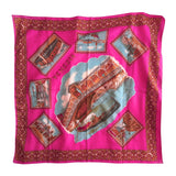 Shocking pink vintage Venice souvenir scarf featuring scenes and gondolas on white mannequin.