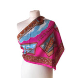 Shocking pink vintage Venice souvenir scarf featuring scenes and gondolas on white mannequin.