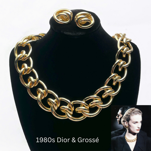 Gold Plated 1980s Christian Dior Earrings with Grossé Statement Necklace