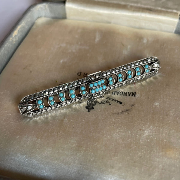 1930s Silver Art Deco Marcasite and Turquoise Brooch with Swedish Hallmarks at hurdyburdy vintage shop