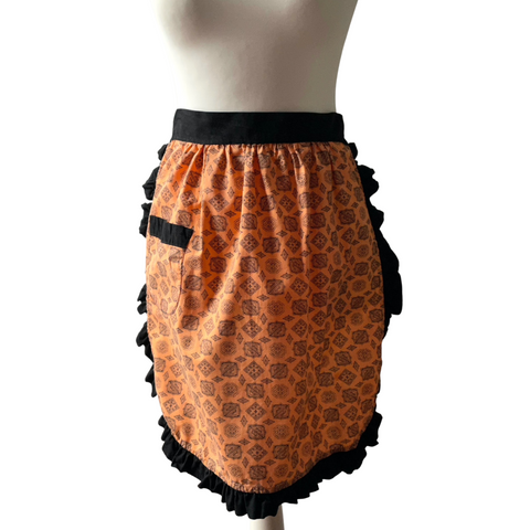 Hand Stitched Antique 1920s Black and Orange Tea Apron at hurdyburdy vintage shop
