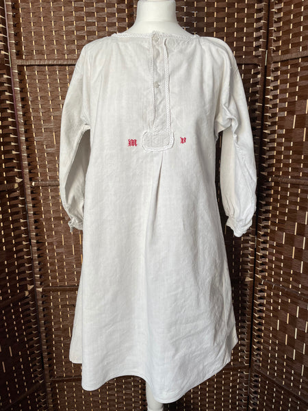Antique 1800s' French Linen Nightdress with Red Embroidered Monogrammed Initials at hurdyburdy vintage