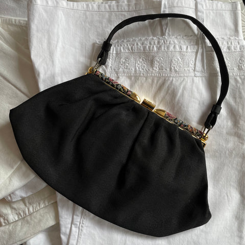 60s Black Beaded Handbag Made in Hong Kong Over the Wrist 