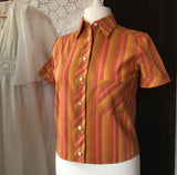 1970's Terracotta Stripe Blouse With MOP Shell Buttons at hurdyburdy vintage